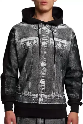 Denim Grafik Kapüşonlu Sweatshirt