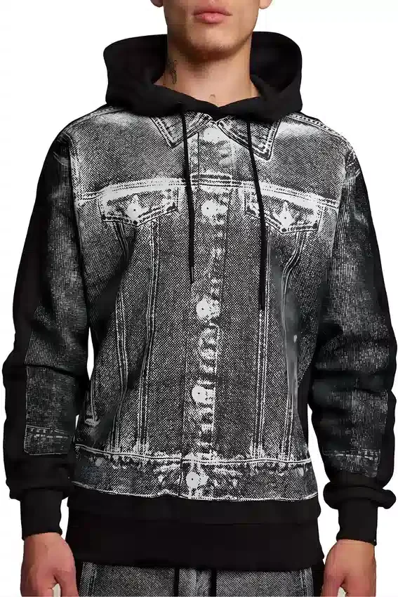 Denim Grafik Kapüşonlu Sweatshirt