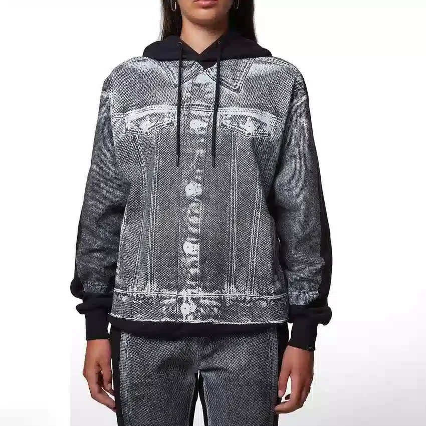 Denim Grafik Kapüşonlu Sweatshirt