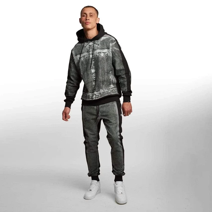 Denim Grafik Kapüşonlu Sweatshirt