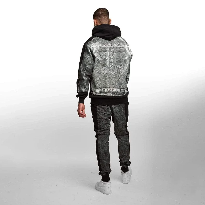 Denim Grafik Kapüşonlu Sweatshirt