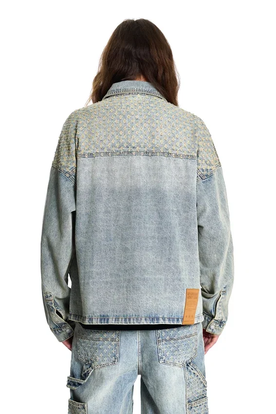 Lazerle Eskitilmiş Denim Ceket