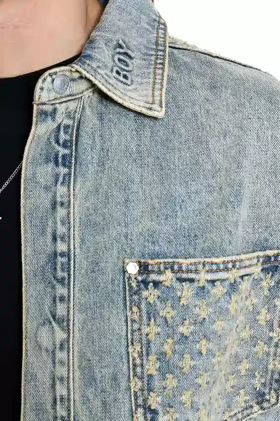 Lazerle Eskitilmiş Denim Ceket