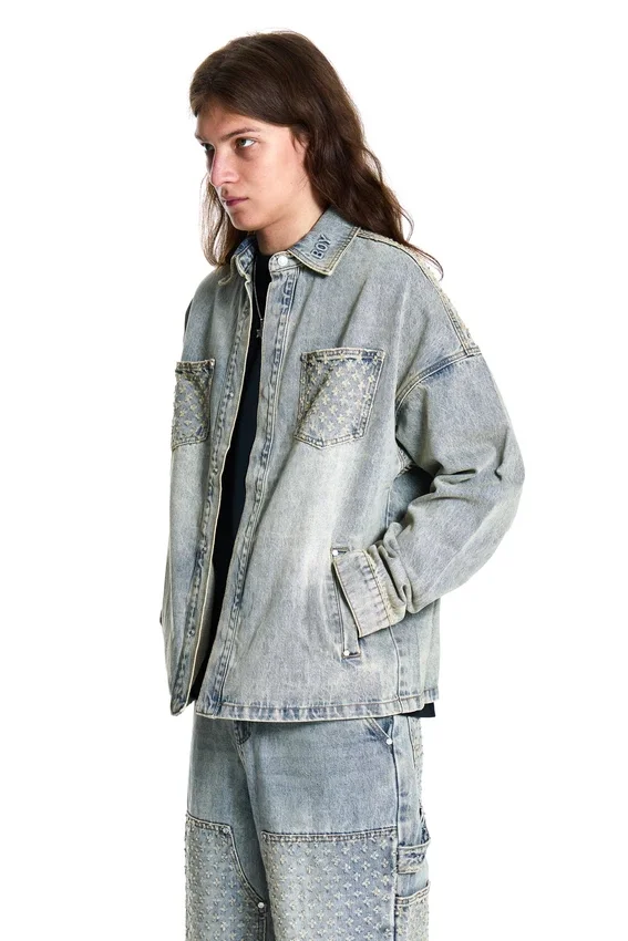 Lazerle Eskitilmiş Denim Ceket